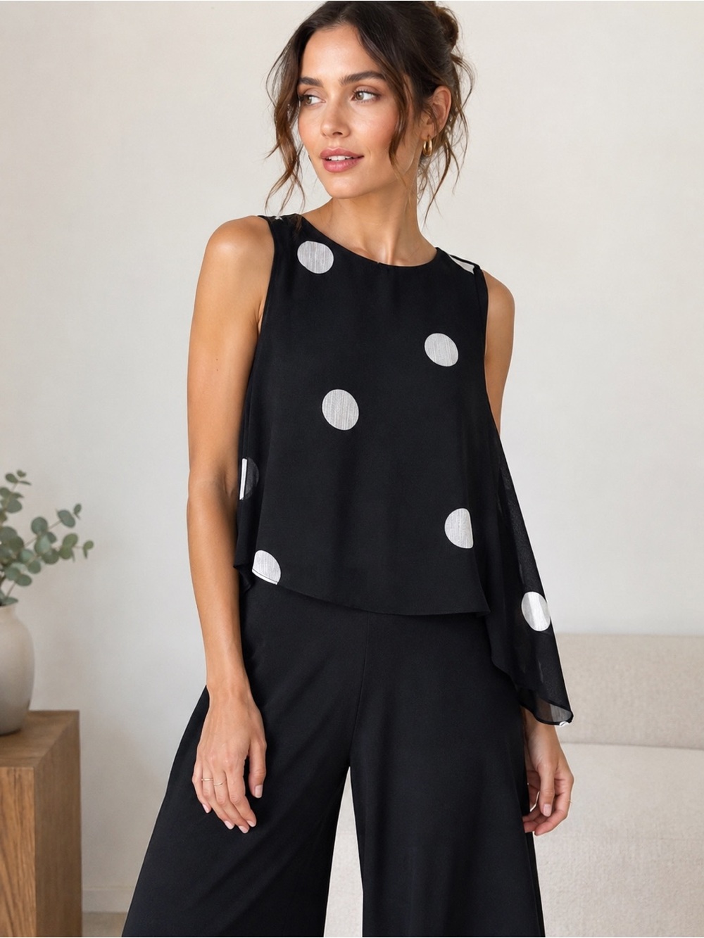 DKNY Black Polka Dot Jumpsuit Wide Leg Sleeveless Size 4